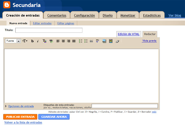 crear primer artículo en el blog de Blogger