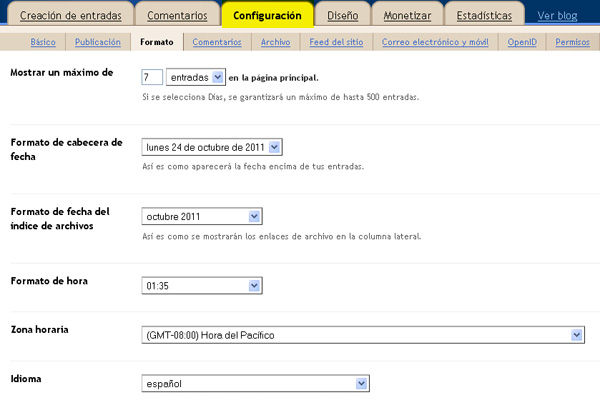 cambiar formato fecha y hora en Blogger