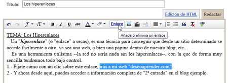 aprender a colocar hiperenlace en artículo con Blogger